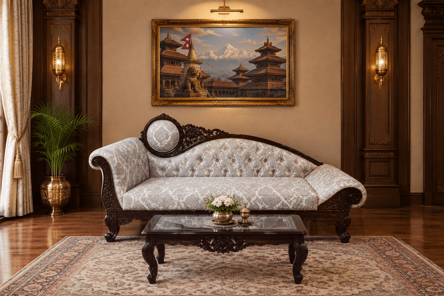 Carved Diwan in Silver Damask