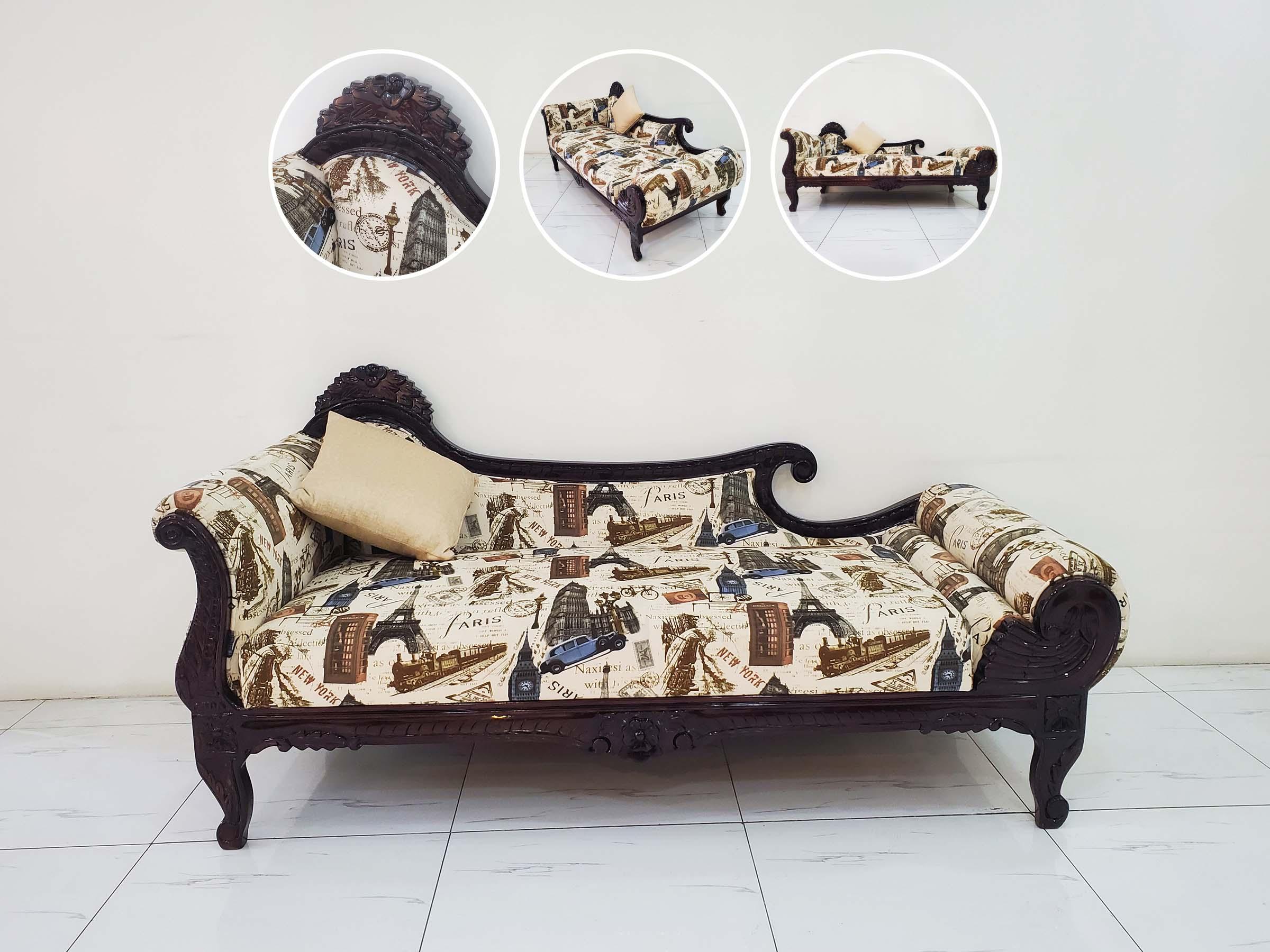 Carved Diwan Sofa with Printed Fabric