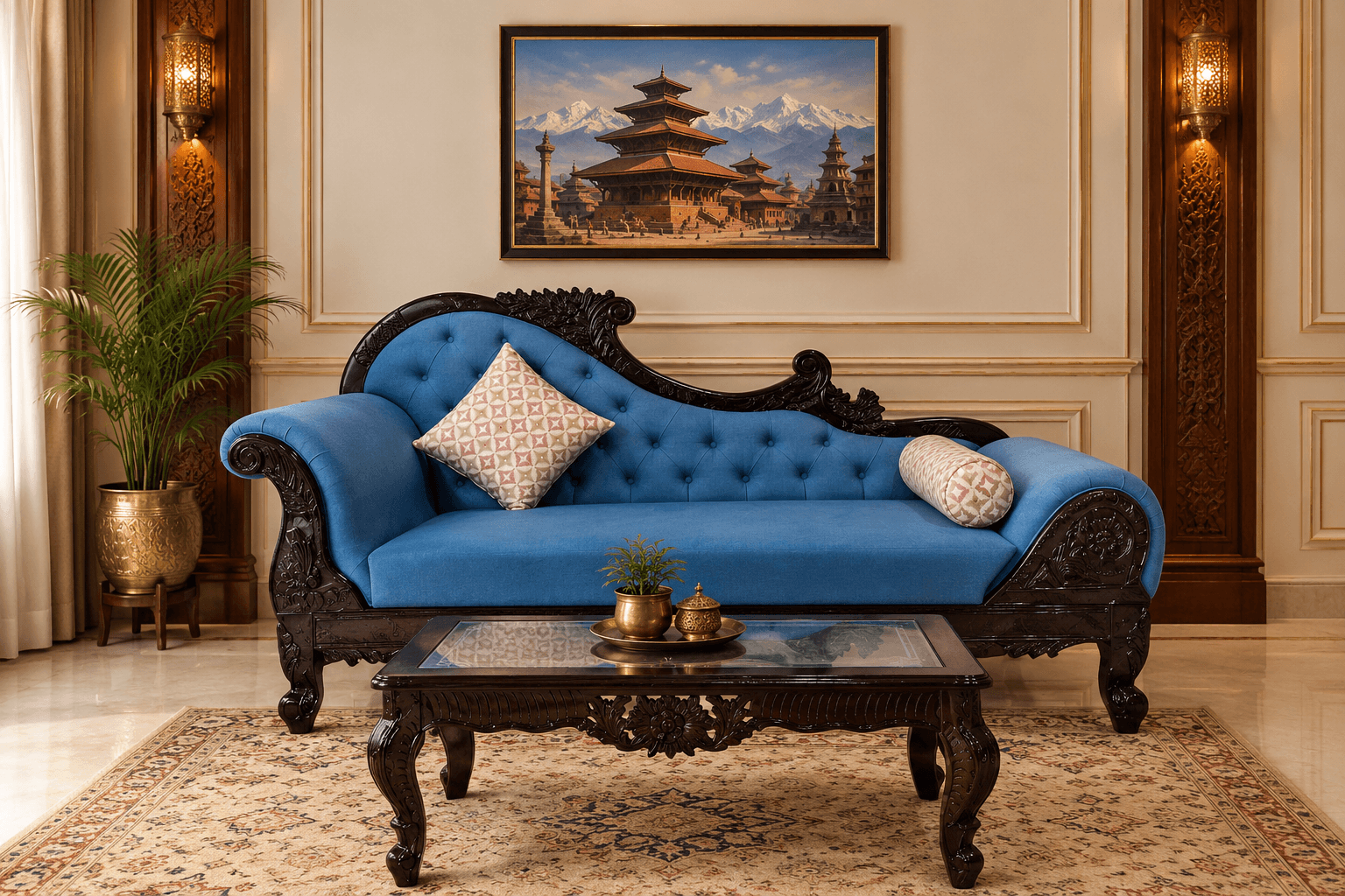 Royal Blue Carved Diwan