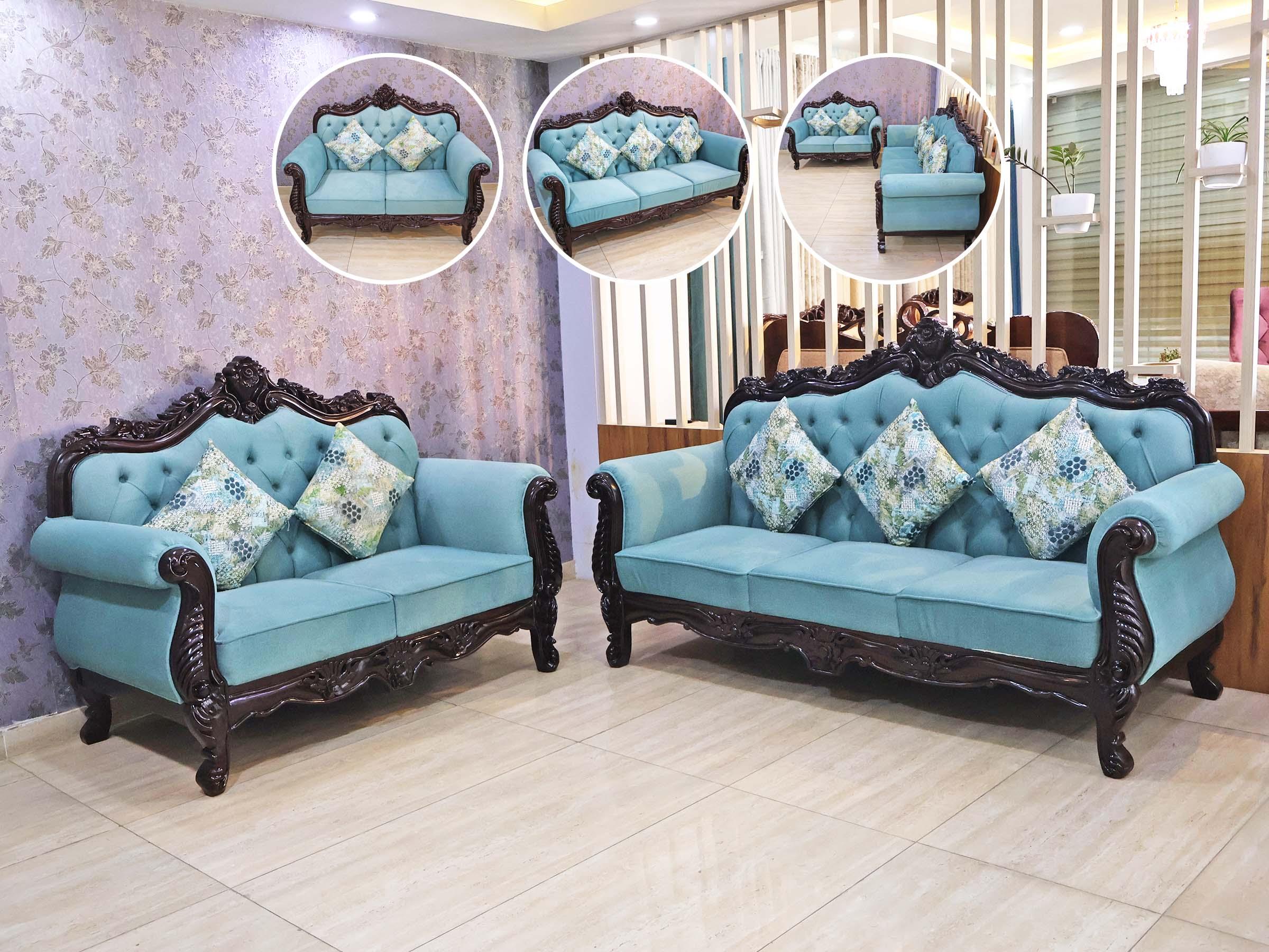 Ocean Blue Royal Carved Sofa