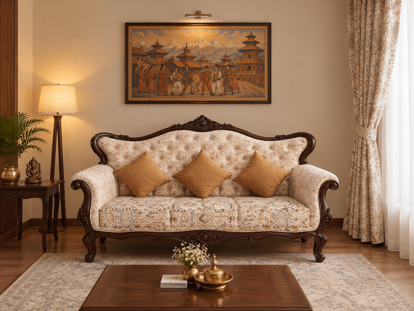 Royal Carved Sofa (Tribal Fabric) - Furniture in Nepal