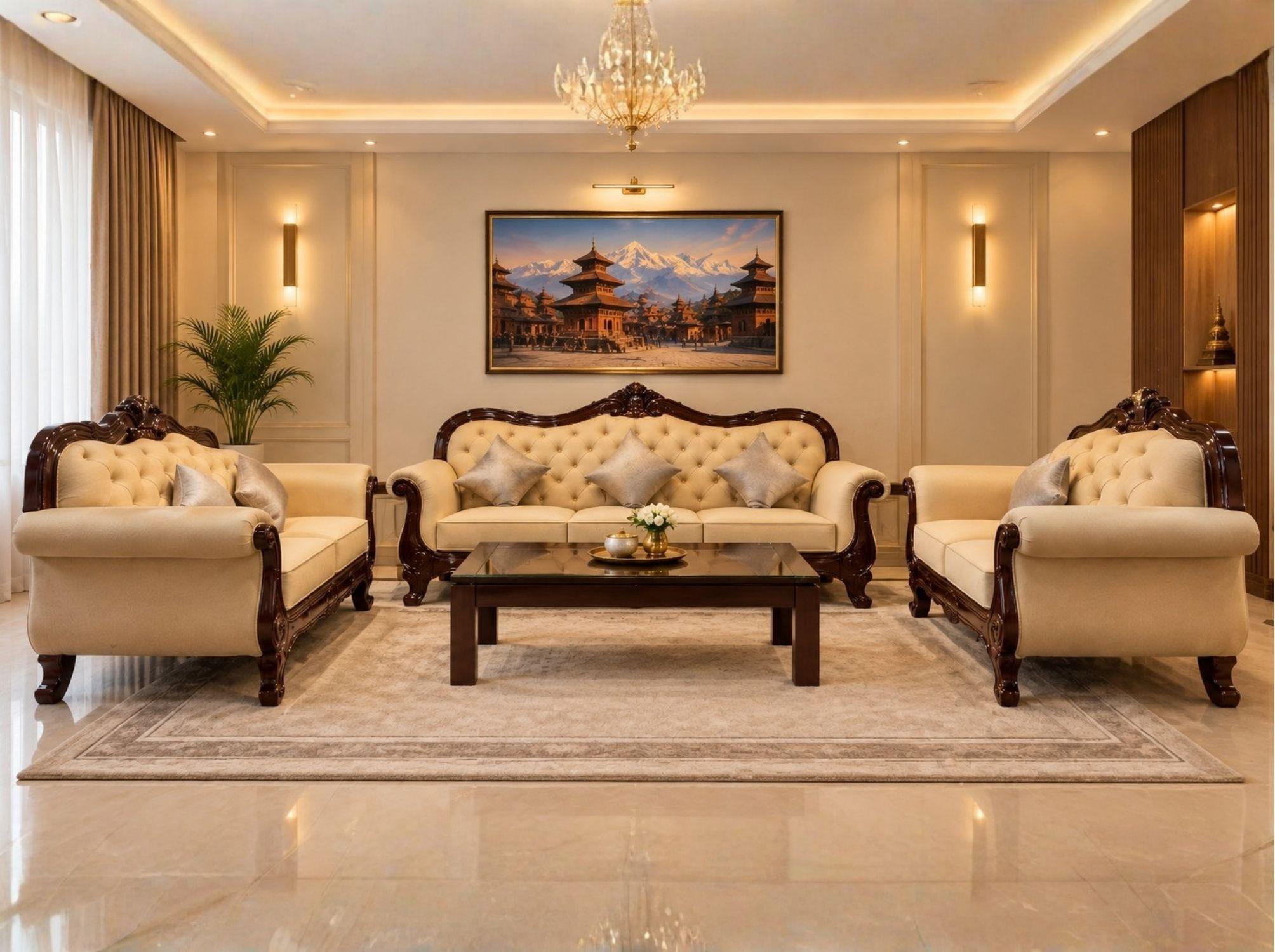 6 Seater Golden Carved Royal Sofa - Furniture in Nepal