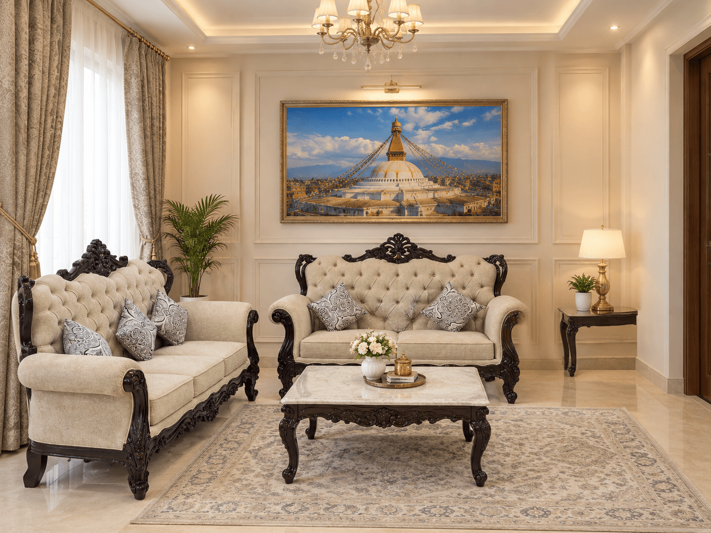 Beige Royal Carved Sofa Set - Furniture in Nepal