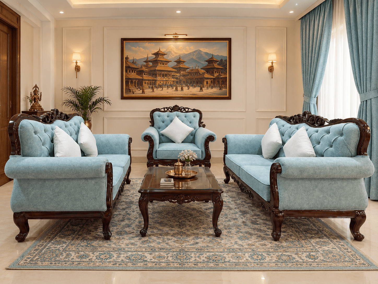 Artic Blue Royal Carved Sofa Set - Furniture in Nepal