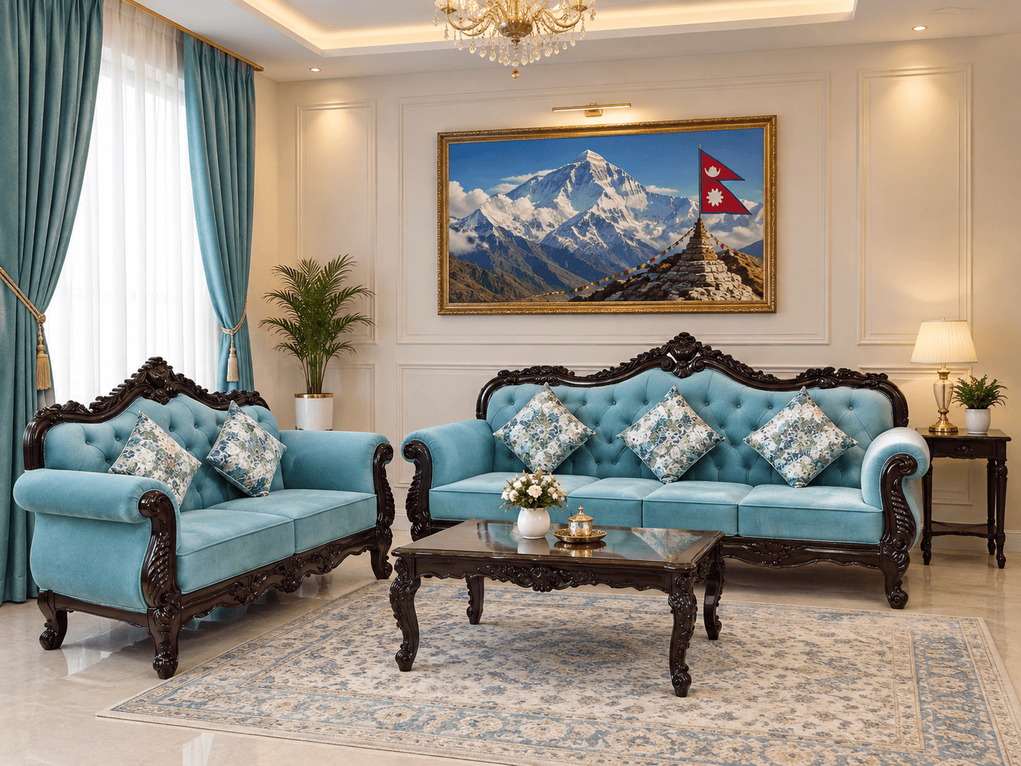 Ocean Blue Royal Carved Sofa - Furniture in Nepal